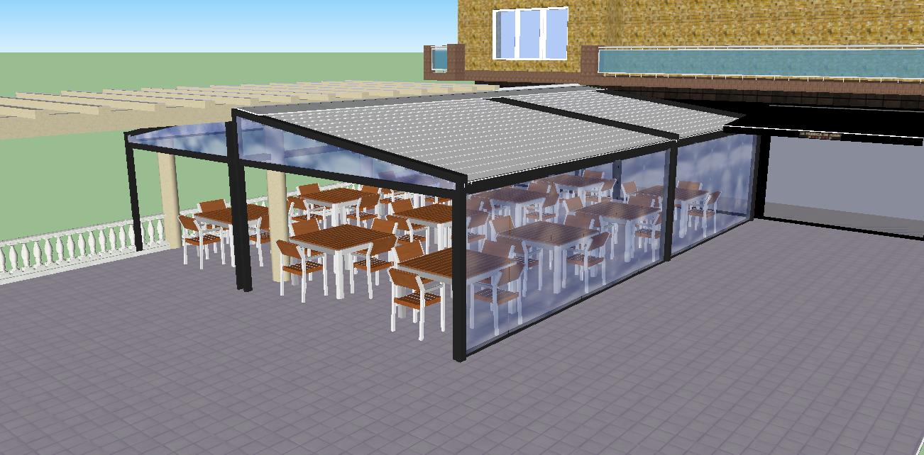 Render 3D del cerramiento perimetral con mamparas transparentes en la terraza de La Fábrica de Juan