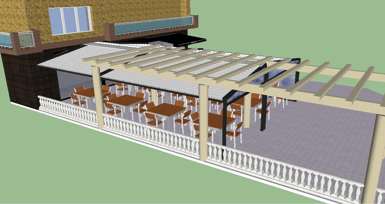 Render 3D de la terraza de La Fábrica de Juan con la nueva cubierta junto a la pérgola de madera y la balaustrada