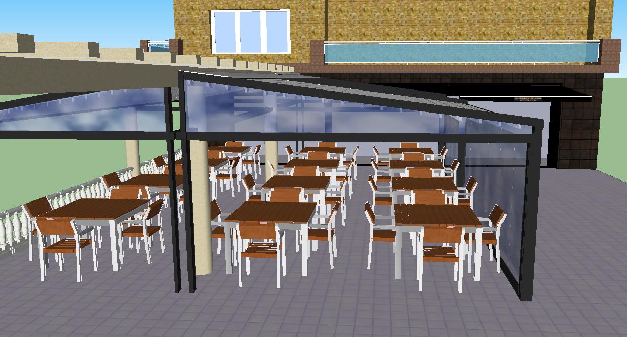 Render 3D de la terraza de La Fábrica de Juan con la cubierta a dos aguas y el mobiliario de hostelería