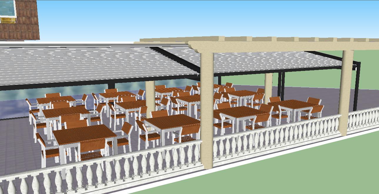 Render 3D de las mesas de la terraza de hostelería bajo la cubierta corredera