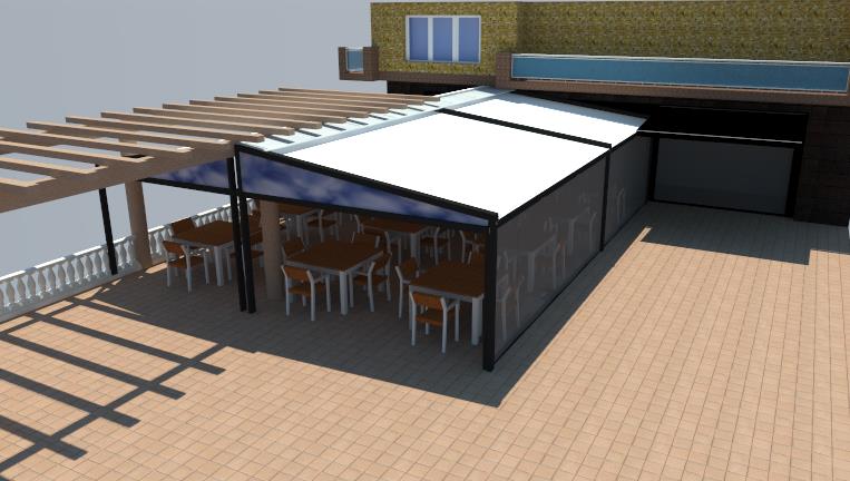 Vista aérea en 3D del proyecto de terraza de La Fábrica de Juan