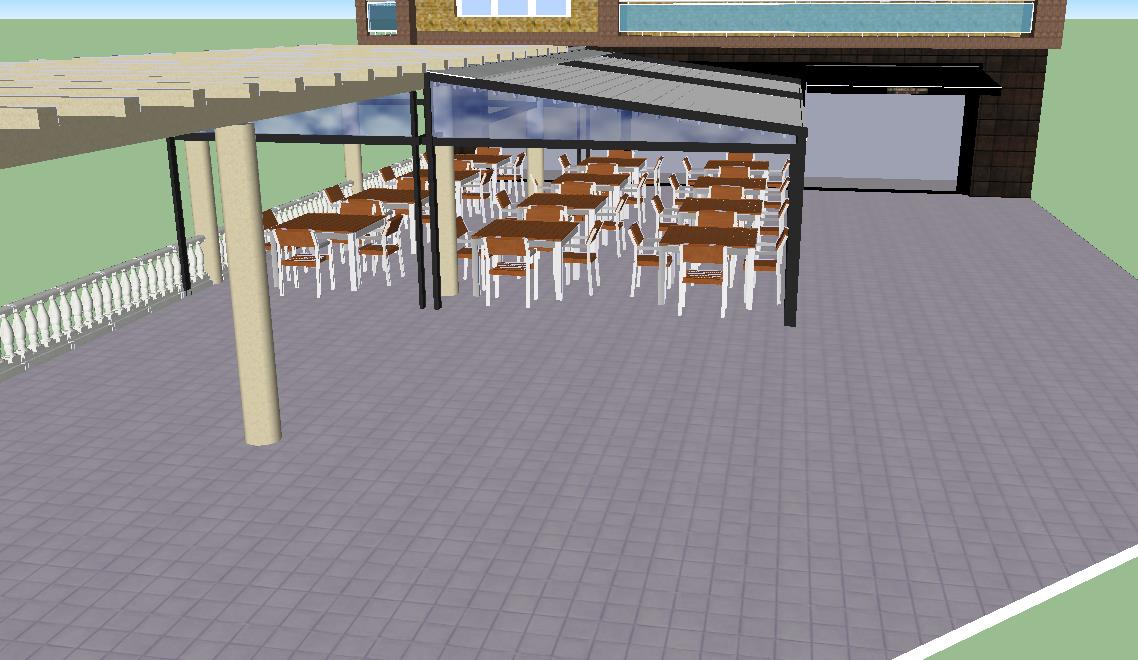 Vista general en 3D de la terraza de La Fábrica de Juan con la estructura de cubierta y el mobiliario