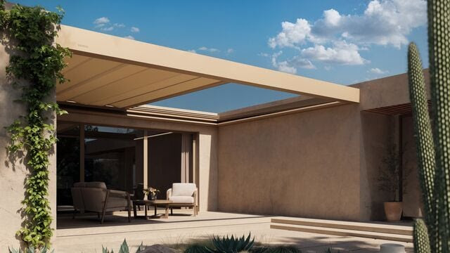 Pérgola Brustor B310 con techo de lona retráctil en una terraza